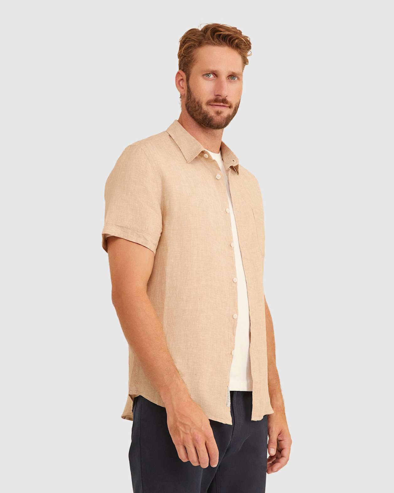Yarn Dyed Linen Short Sleeve Shirt in LIGHT TAUPE