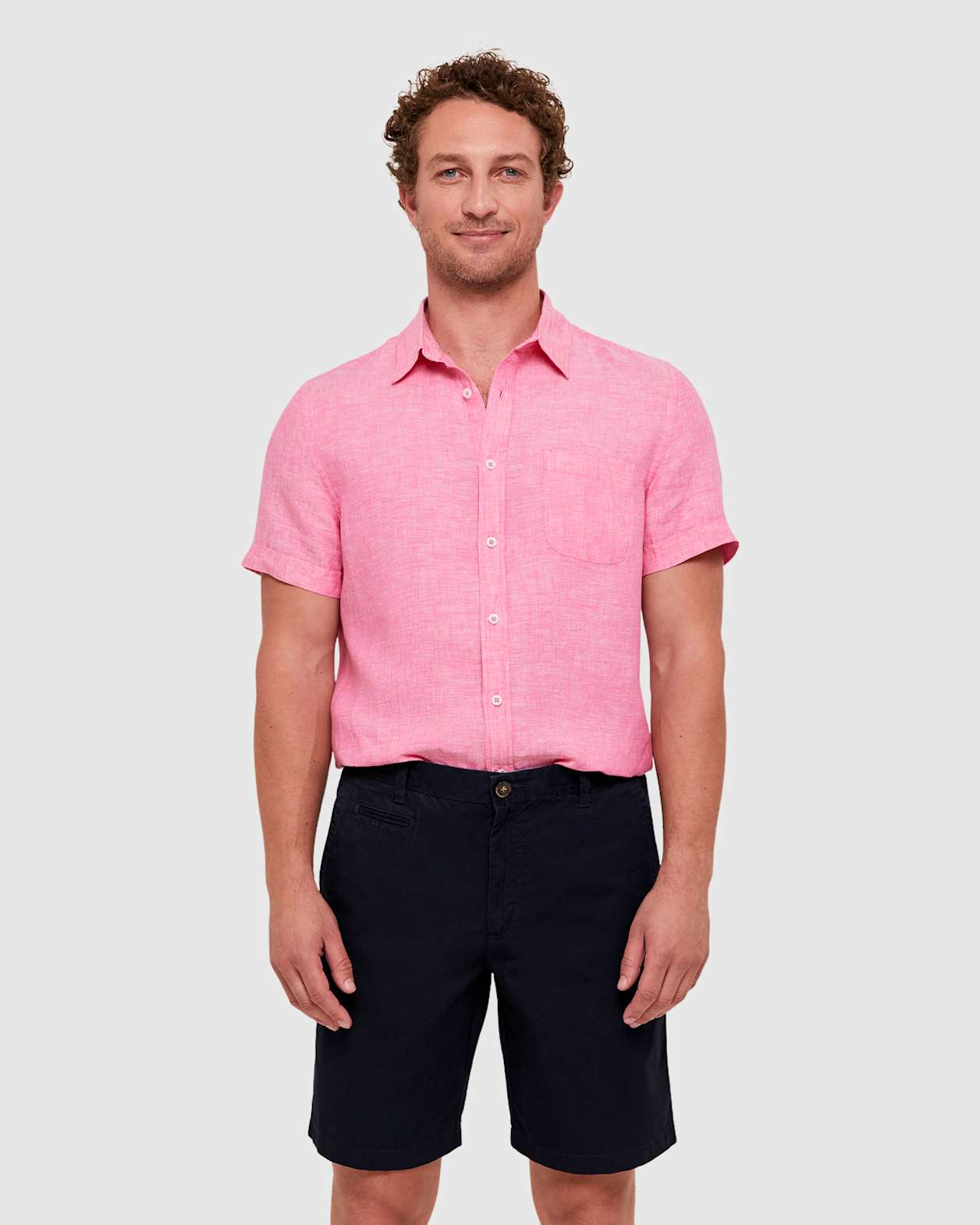 Yarn Dyed Linen Short Sleeve Shirt in CAMPARI