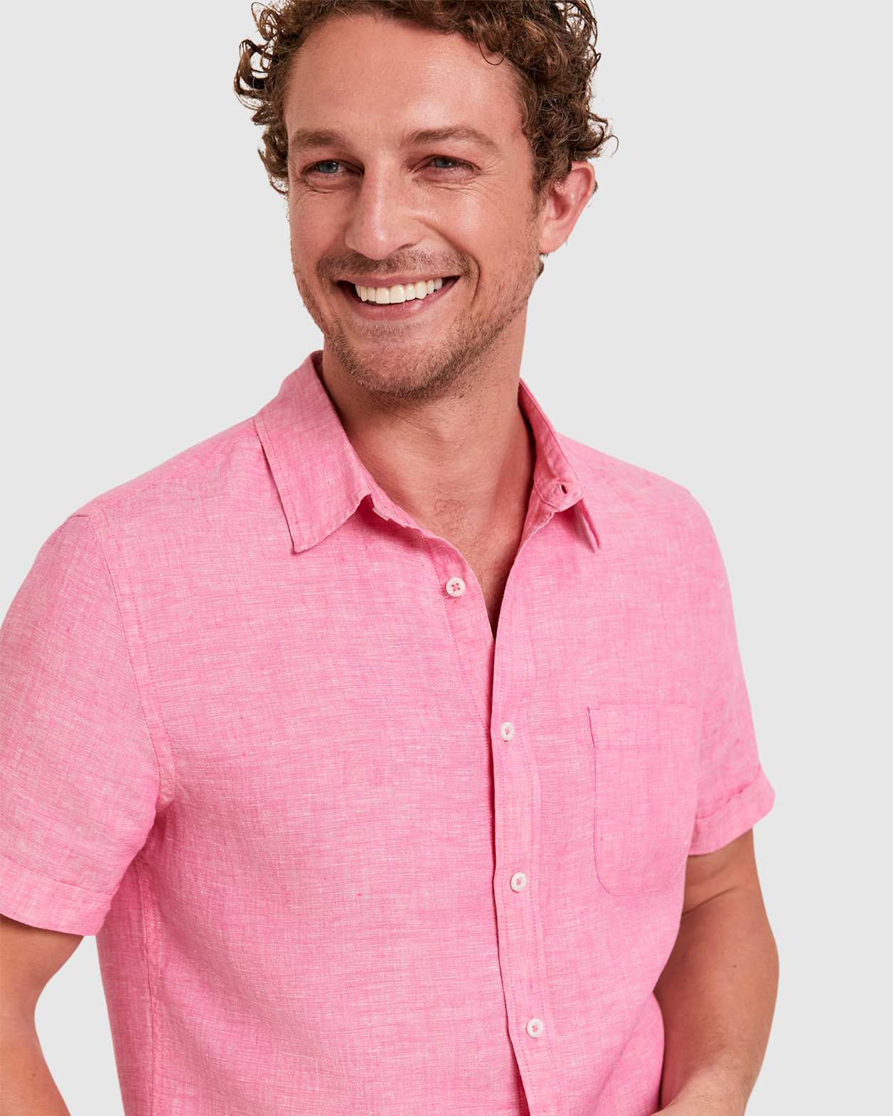 Yarn Dyed Linen Short Sleeve Shirt in CAMPARI