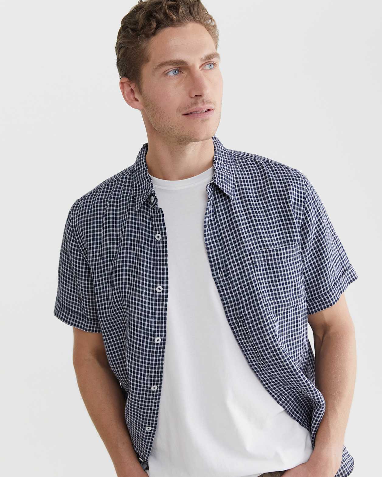 Check Linen Shirt in NAVY