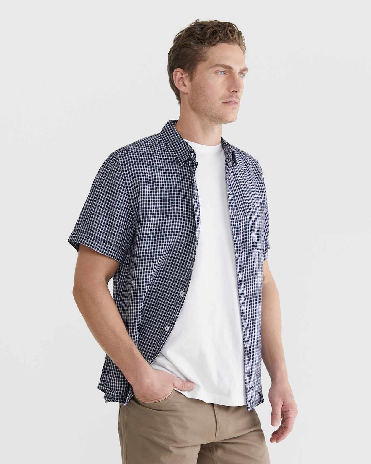 Check Linen Shirt in NAVY