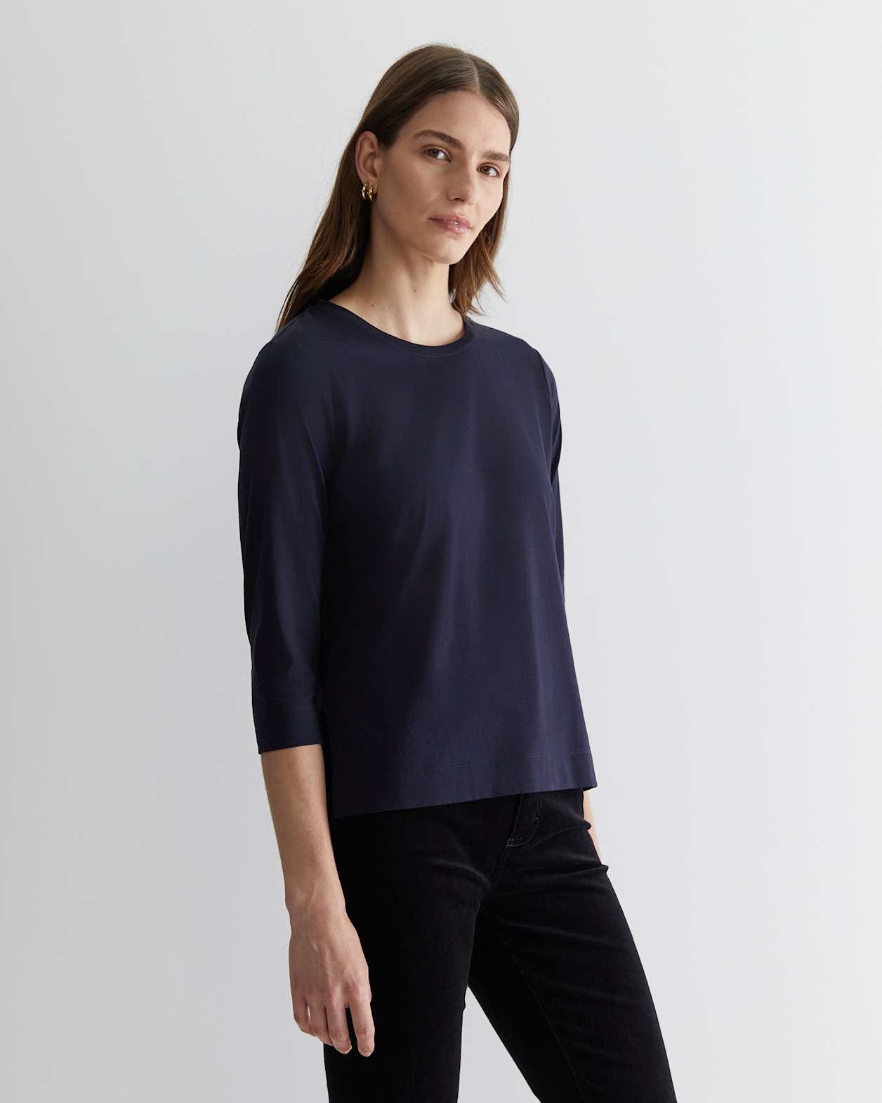 Cotton Crew 3 Quarter Sleeve T-Shirt in NAVY