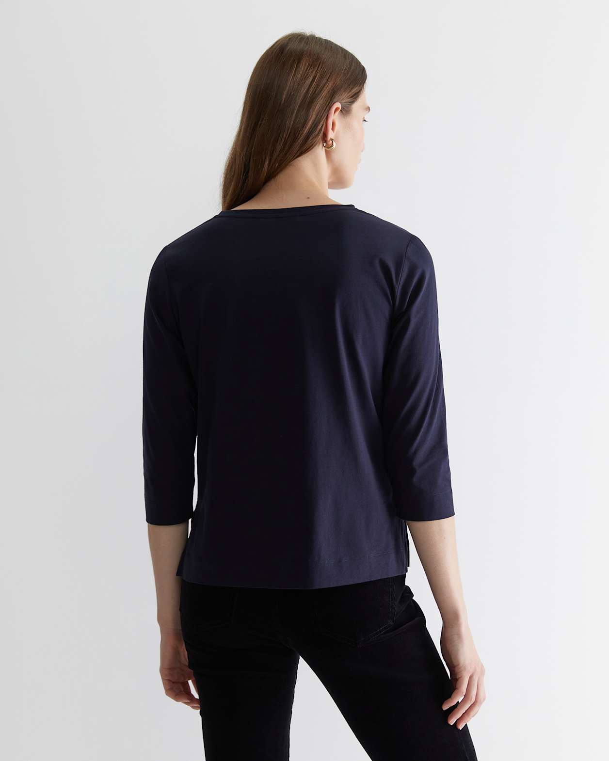 Cotton Crew 3 Quarter Sleeve T-Shirt in NAVY