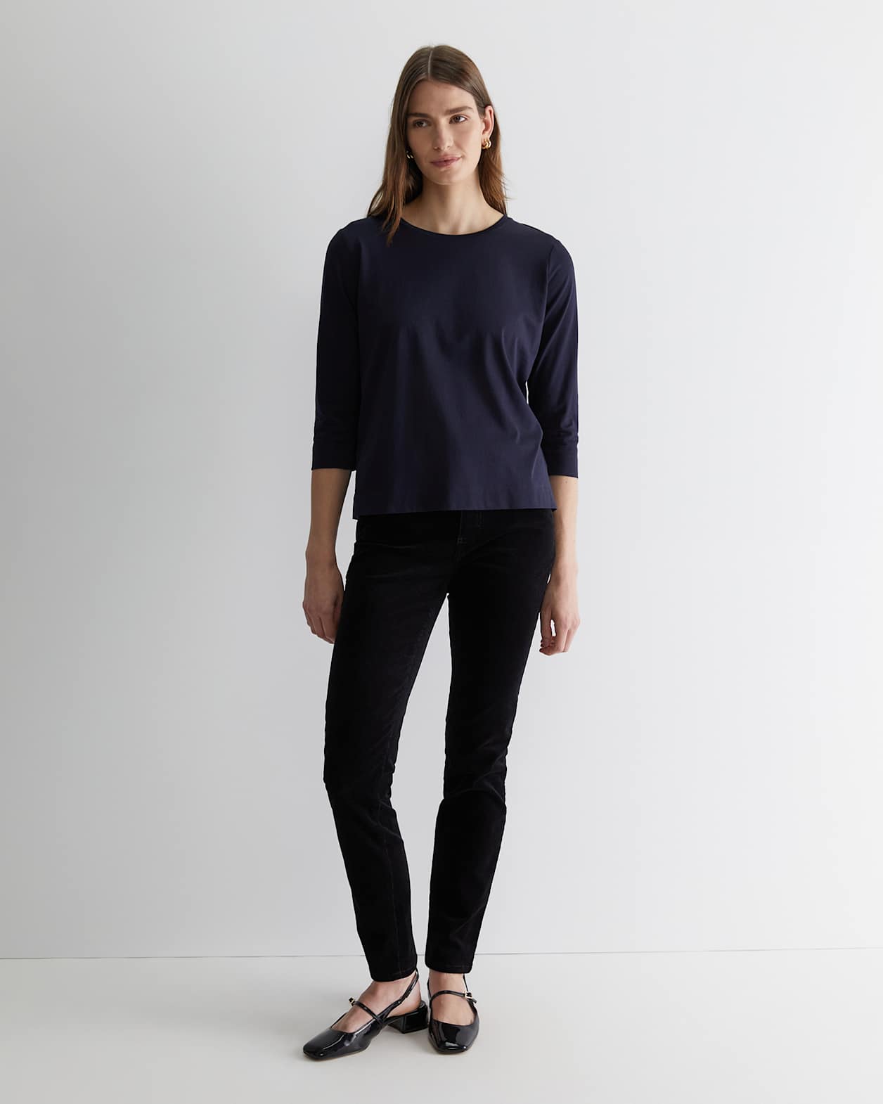 Cotton Crew 3 Quarter Sleeve T-Shirt in NAVY