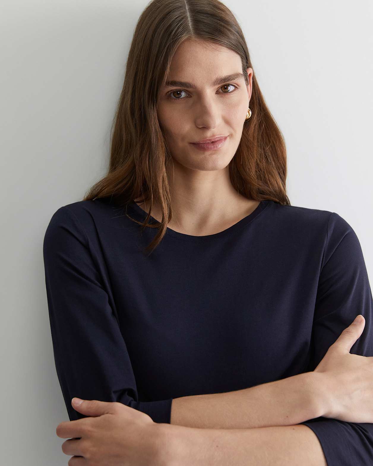 Cotton Crew 3 Quarter Sleeve T-Shirt in NAVY