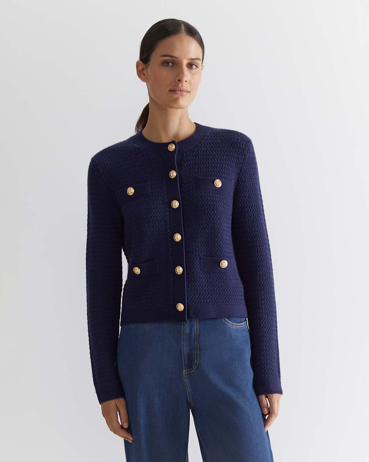 Joyce Merino Wool Cardigan in NAVY