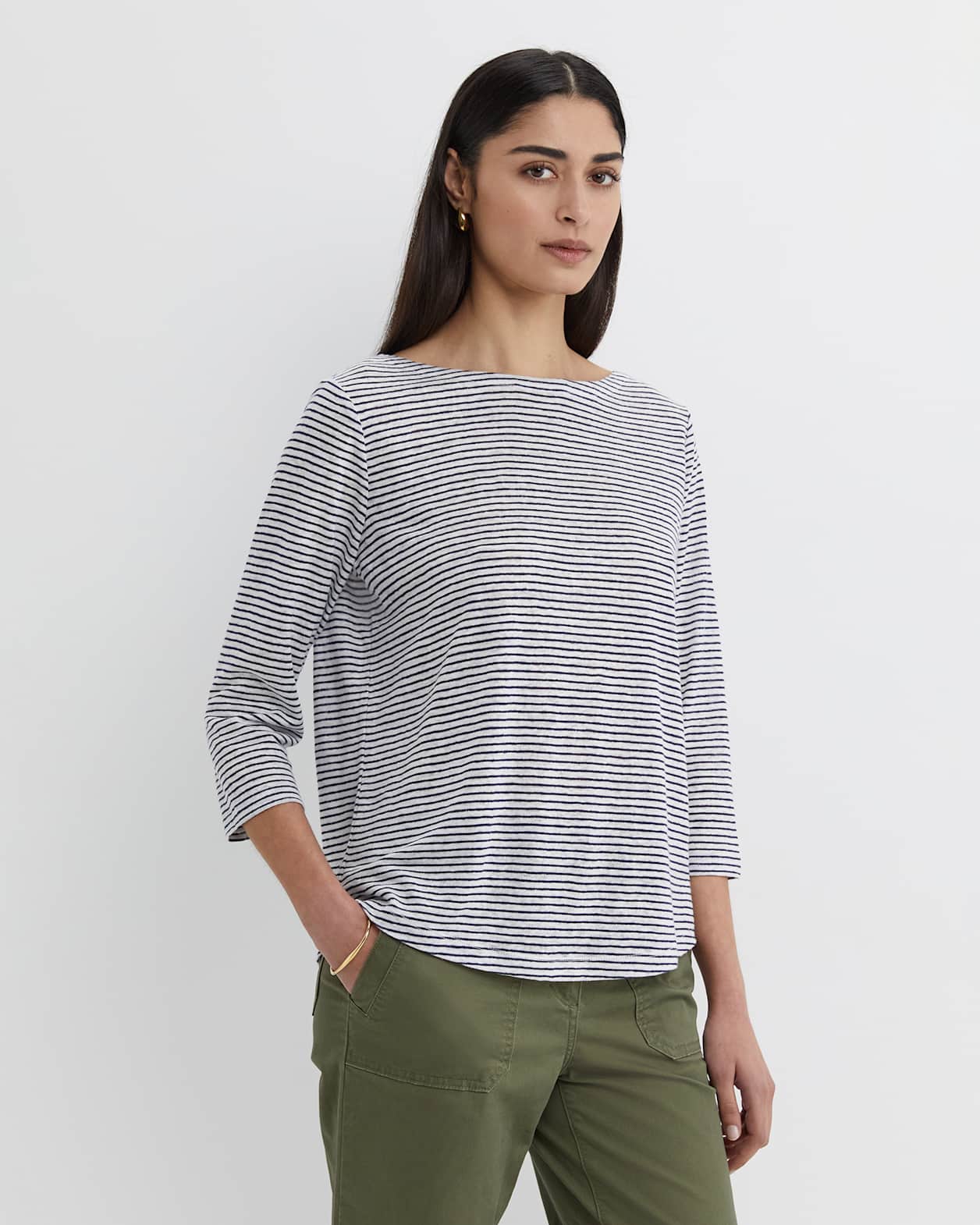 Cecile Linen Top in WHITE/NAVY