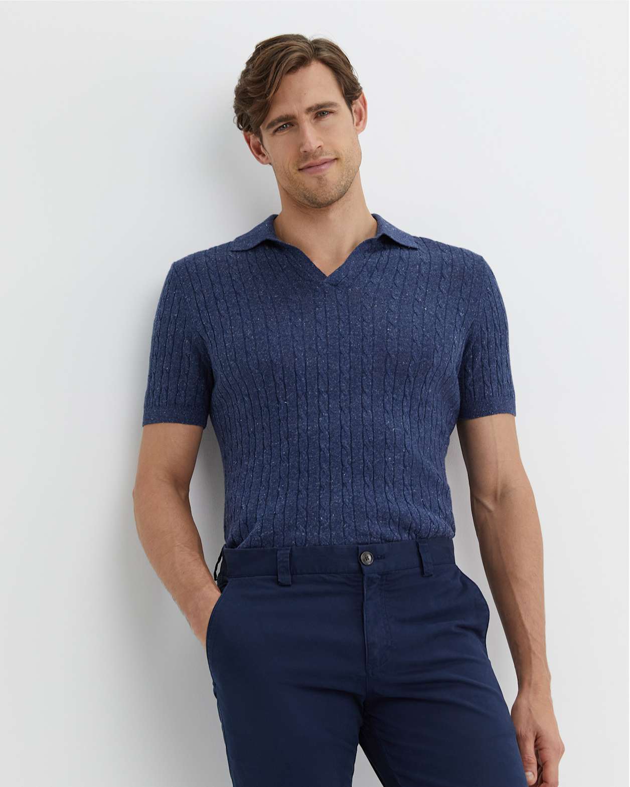 Murrinar Cable Knit Polo in DARK BLUE MELANGE