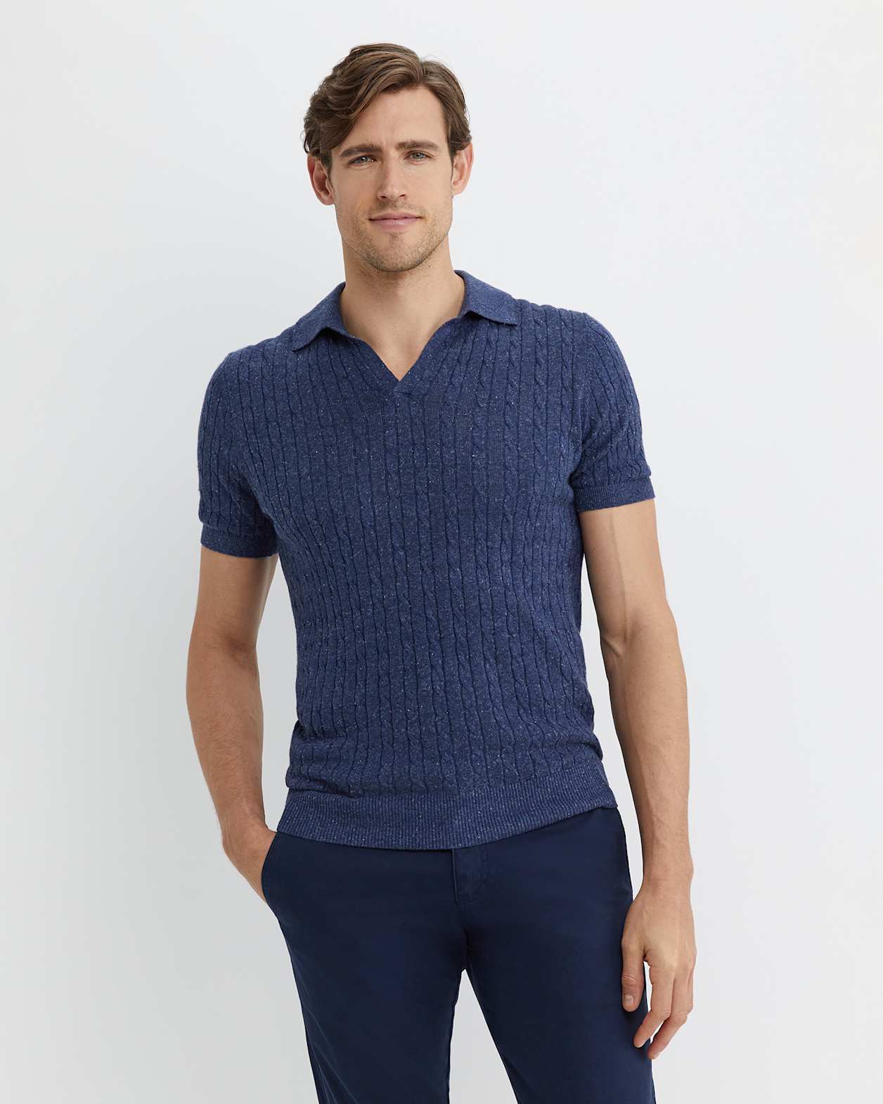 Murrinar Cable Knit Polo in DARK BLUE MELANGE