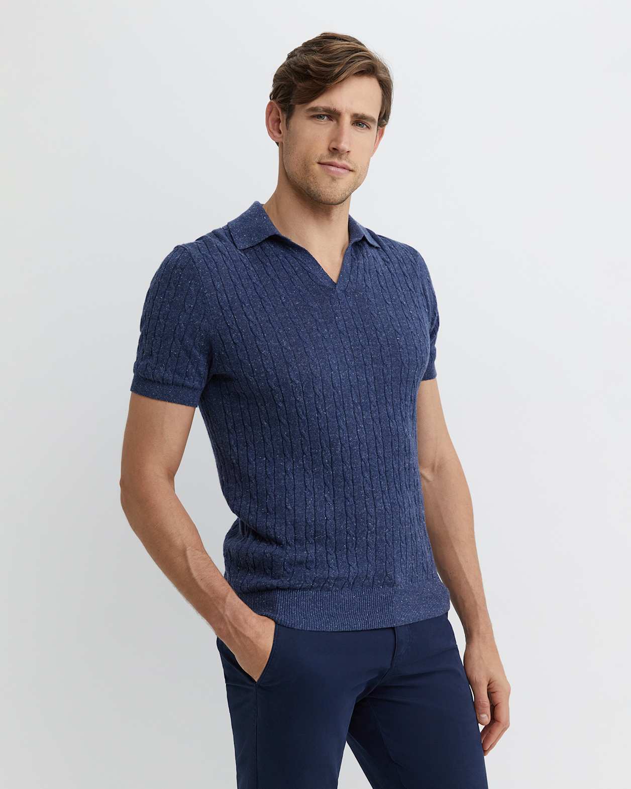 Murrinar Cable Knit Polo in DARK BLUE MELANGE