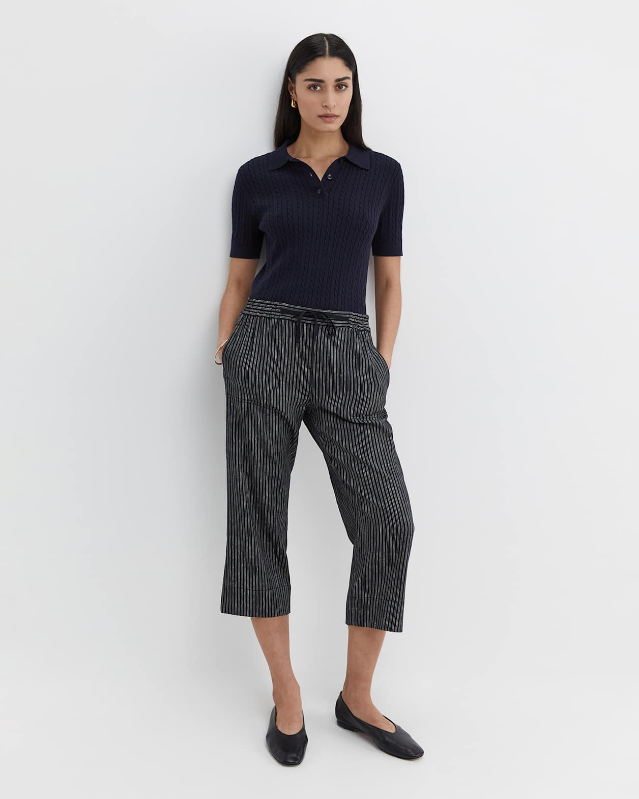 Rosa Stripe Crop Linen Pant in NAVY/WHITE