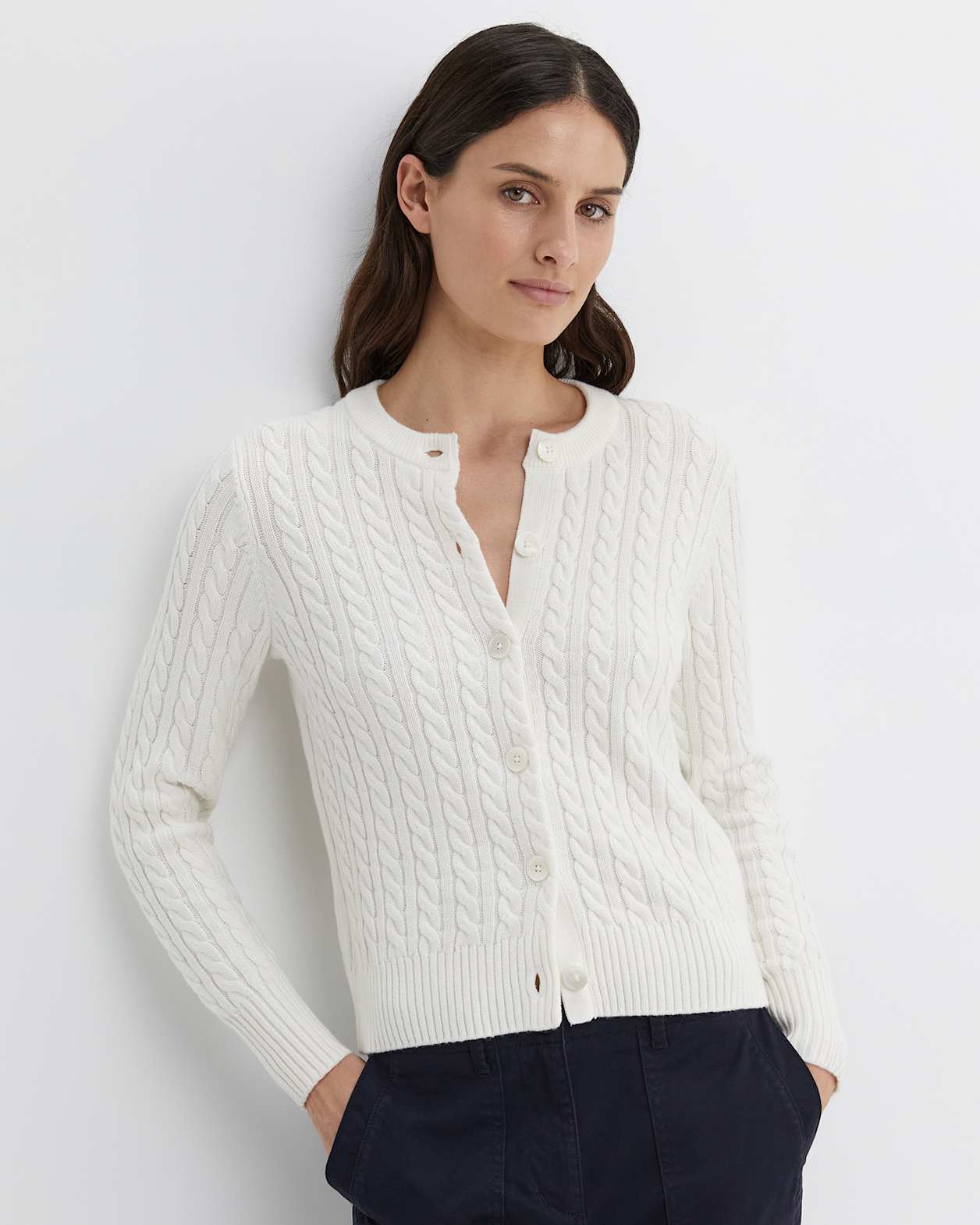 Cable Merino Cotton Cardigan in MILK