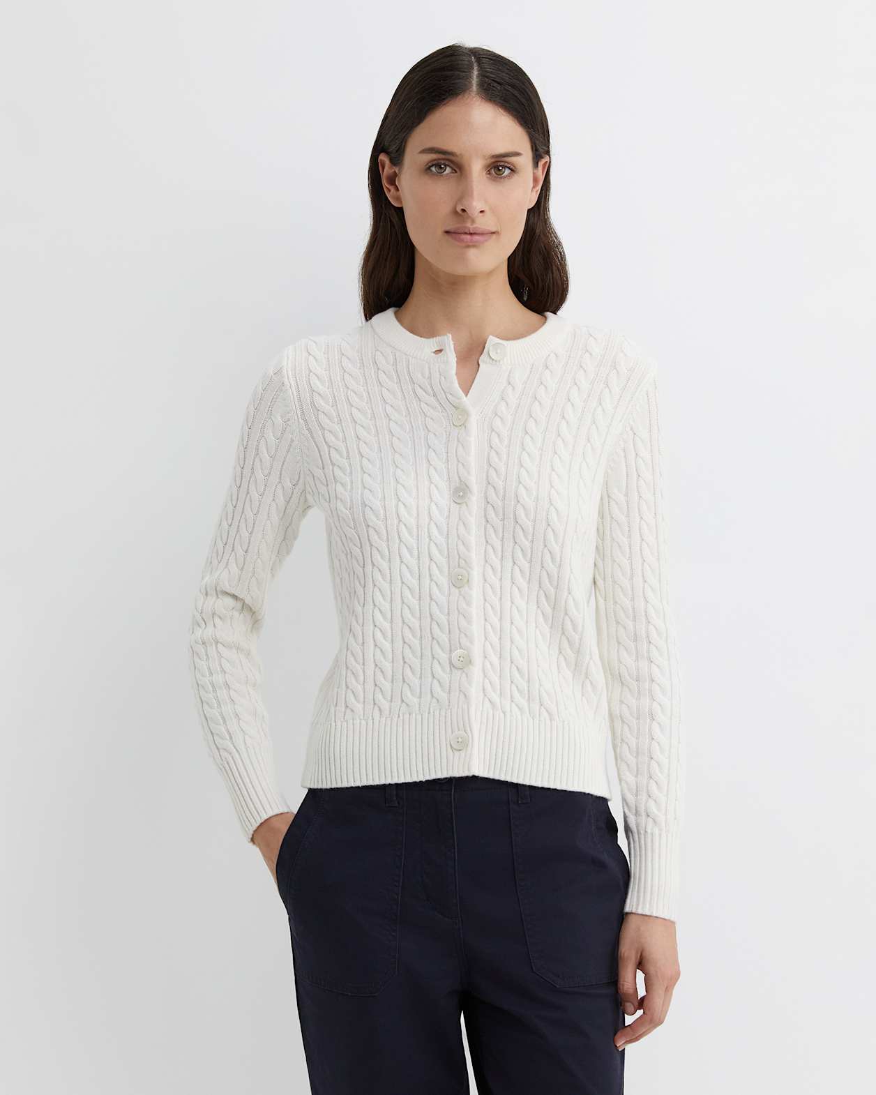 Cable Merino Cotton Cardigan in MILK