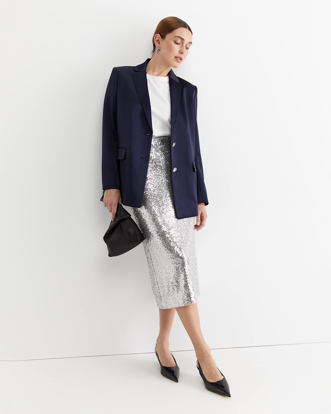 Sequin Midi Skirt in SILVER