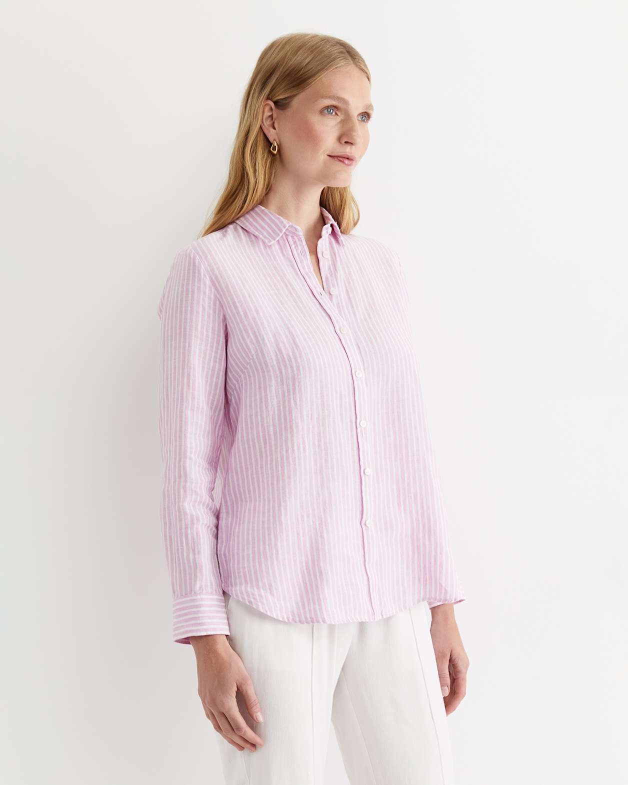 Dahlia Stripe Linen Shirt in PINK/WHITE