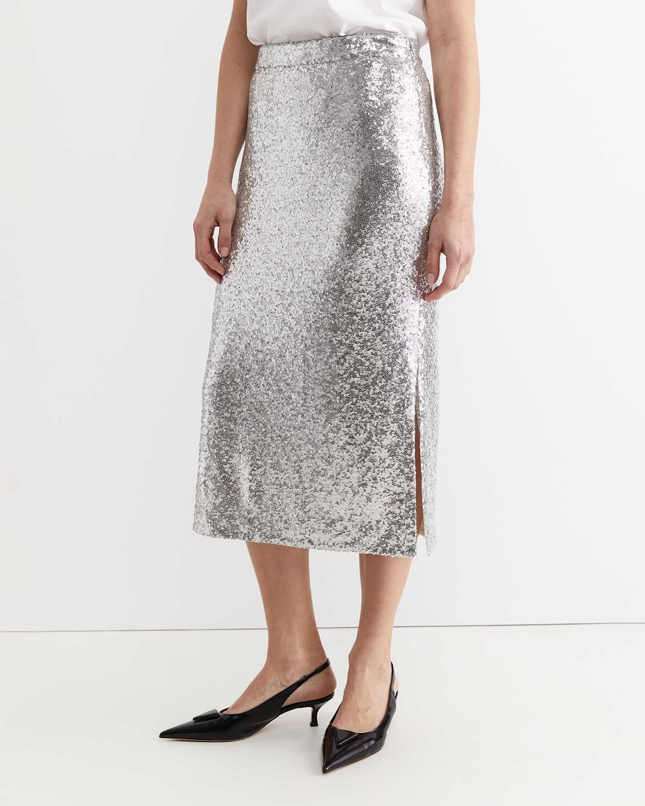 Sequin Midi Skirt in SILVER