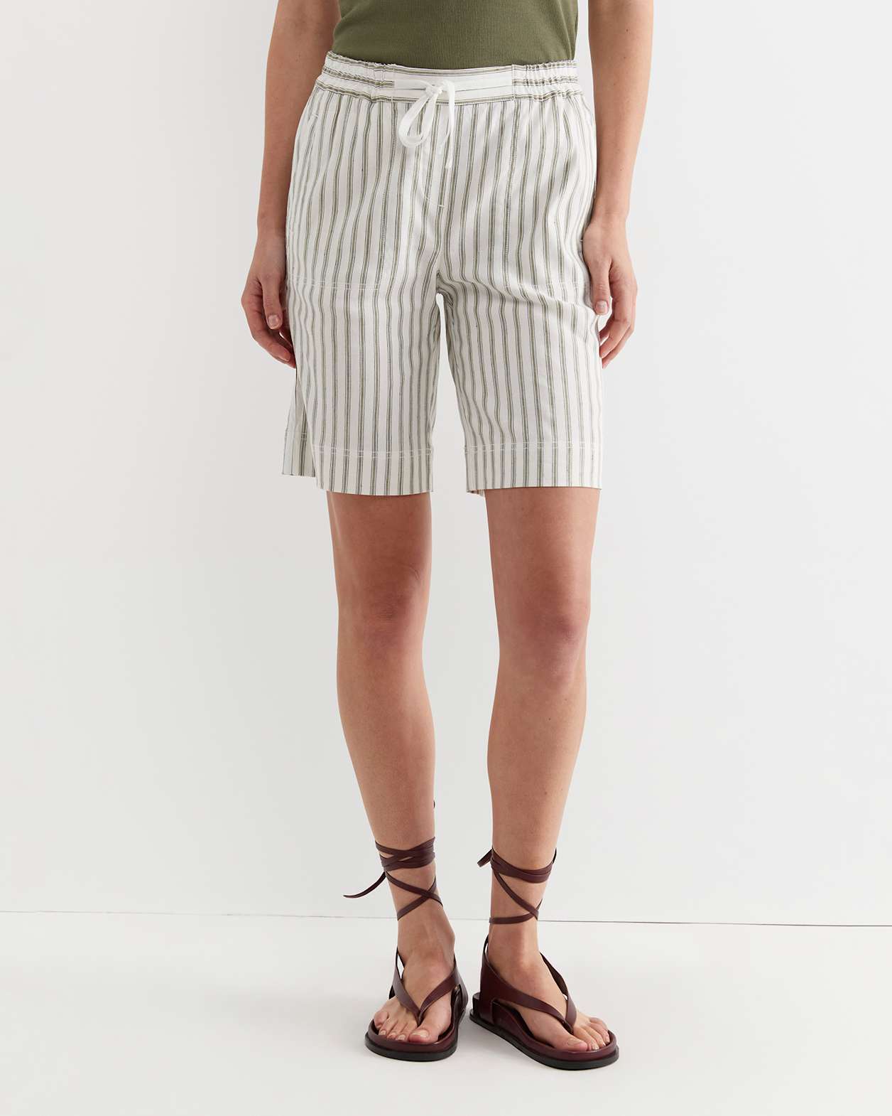 Rosa Stripe Linen Short in WHITE/KHAKI