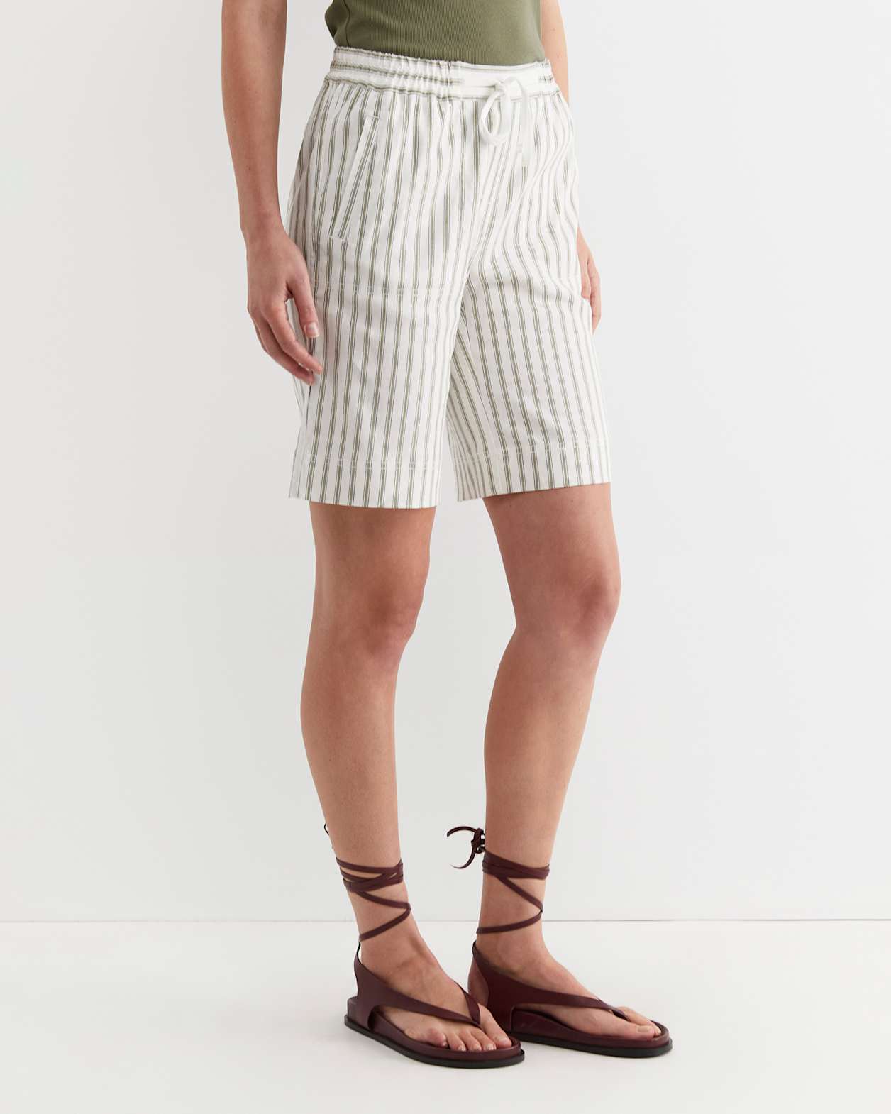 Rosa Stripe Linen Short in WHITE/KHAKI