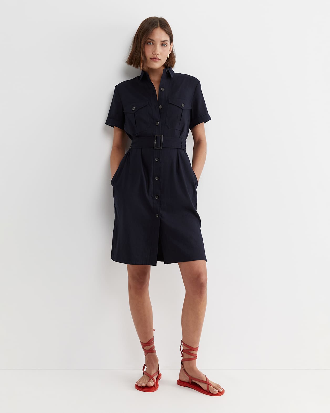 Rosa Belted Shirt Dress in CLASSIC NAVY