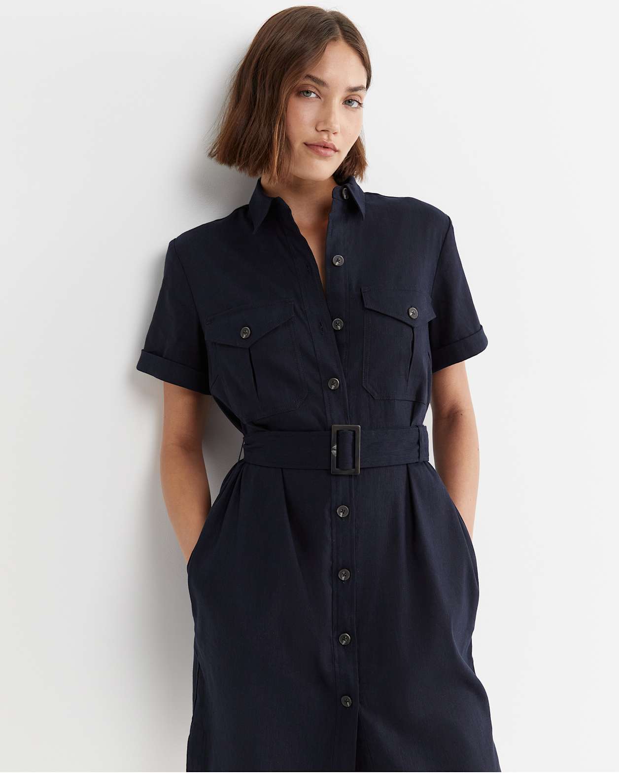 Rosa Belted Shirt Dress in CLASSIC NAVY