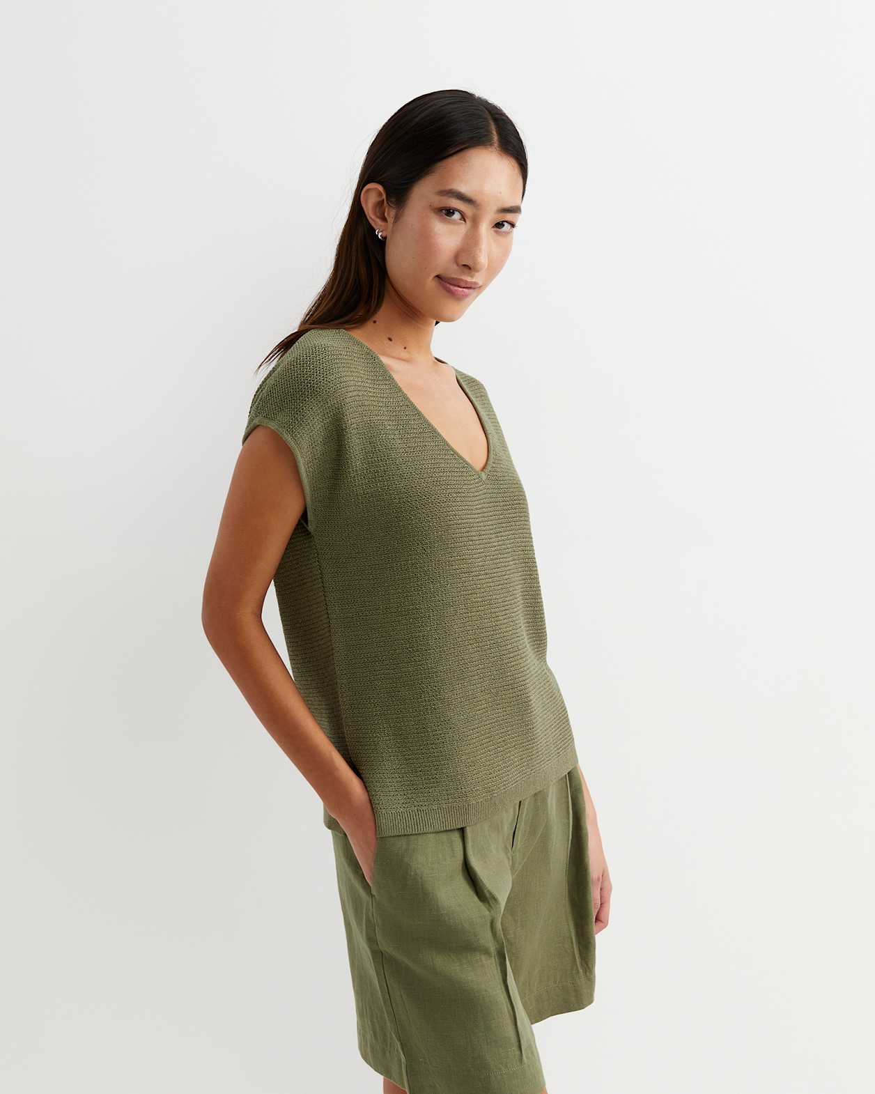 Luisa V-Neck Knit Top in KHAKI
