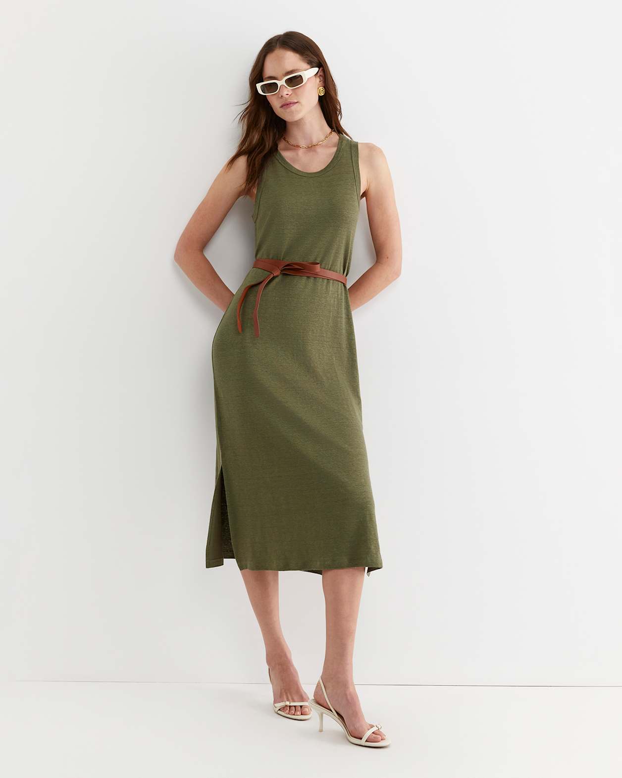 Tonia Linen Tank Midi Dress in KHAKI