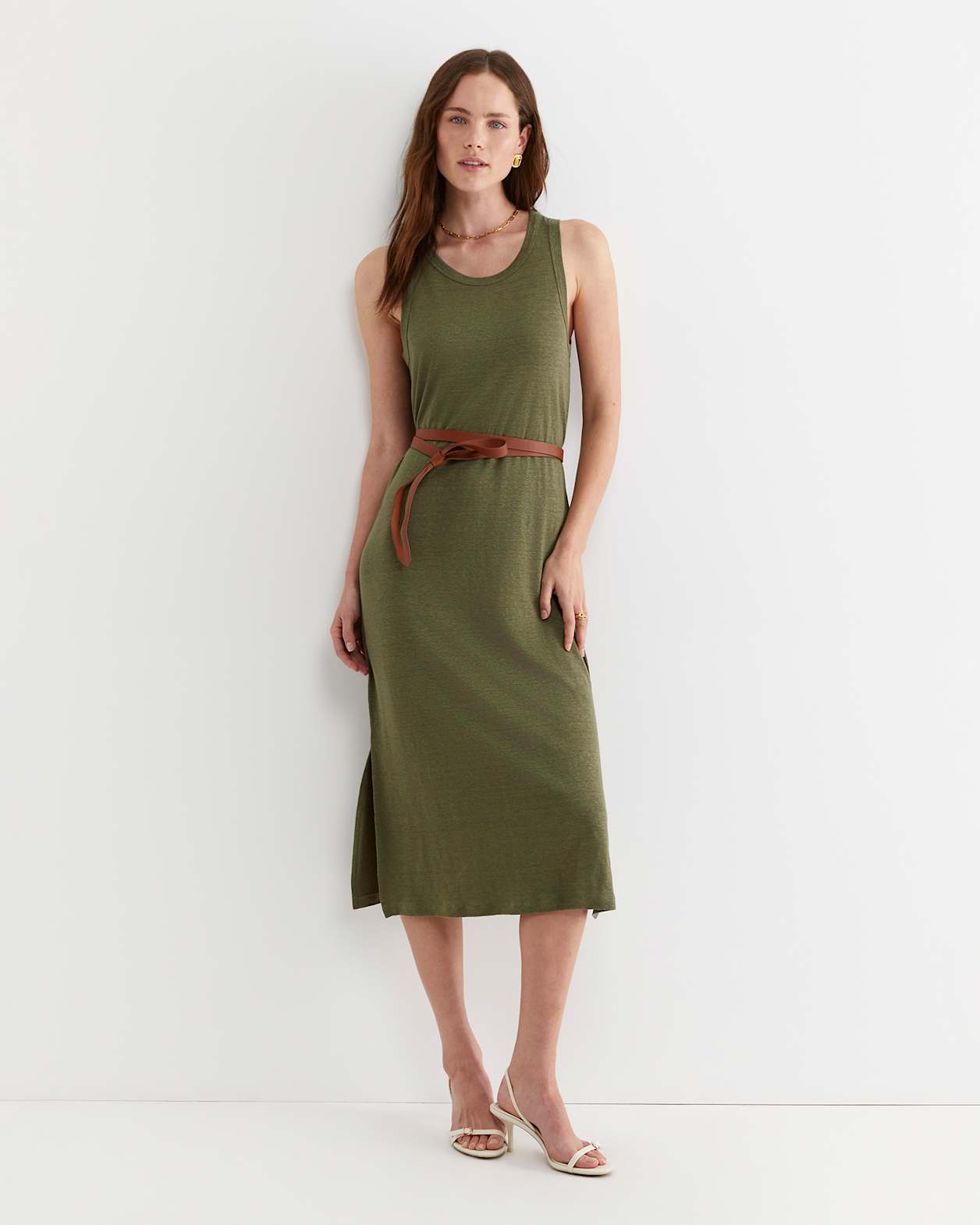 Tonia Linen Tank Midi Dress in KHAKI