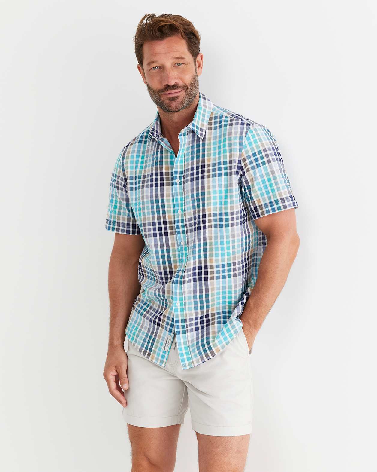 Knot Short Sleeve Check Shirt in BLUE MULTI
