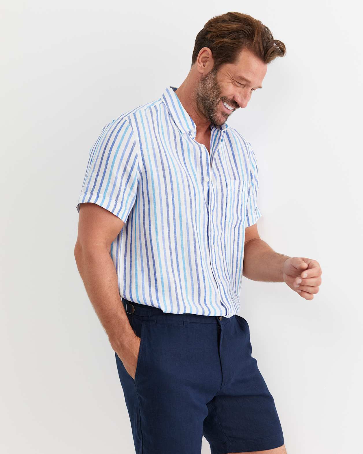 Fenton Short Sleeve Stripe Linen Shirt in BLUE MULTI
