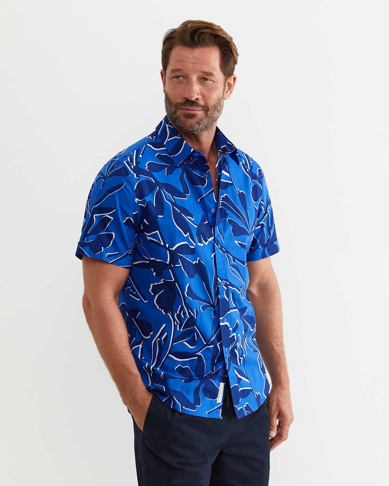 Marks Short Sleeve Cotton Shirt in NAVY MULTI