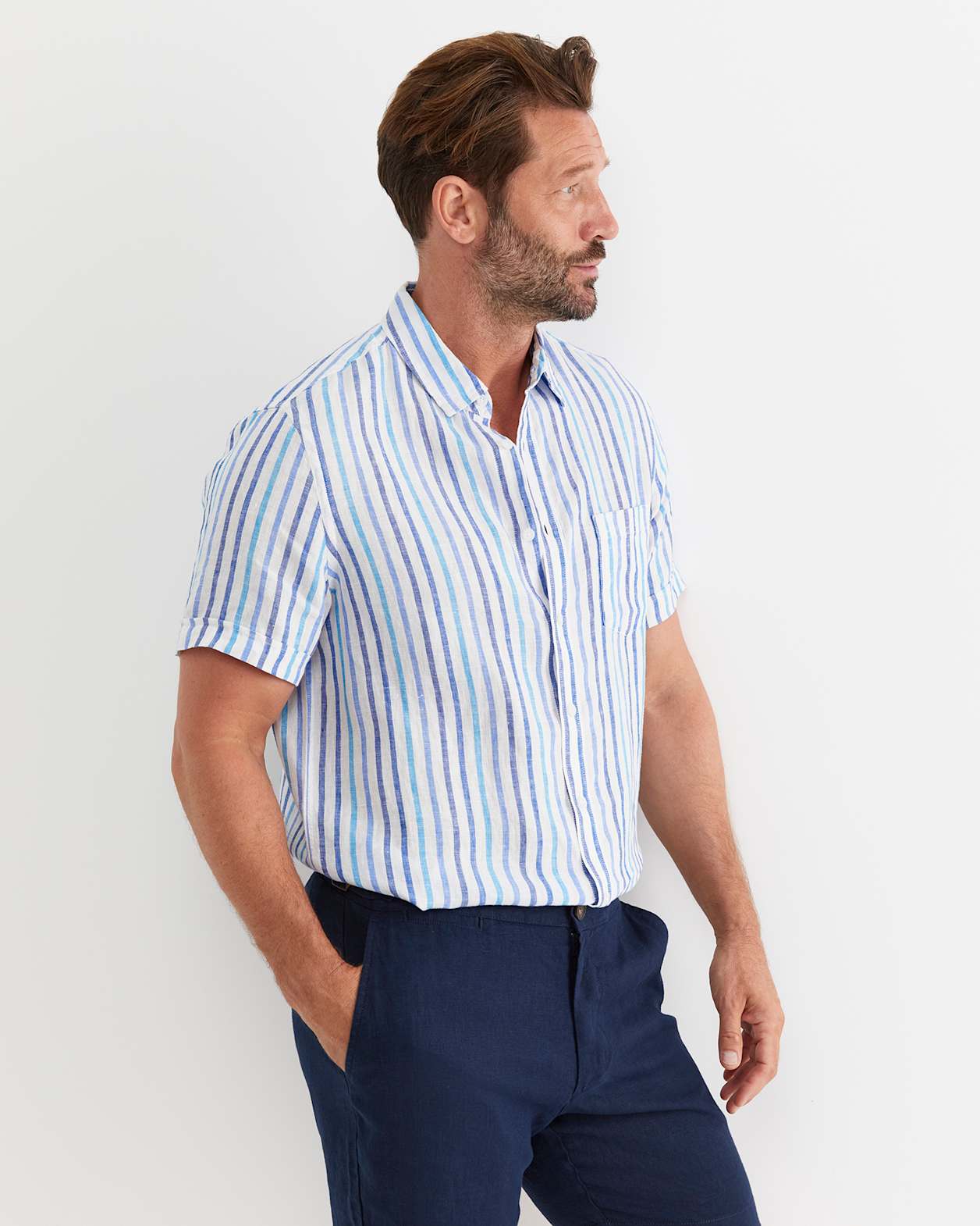 Fenton Short Sleeve Stripe Linen Shirt in BLUE MULTI