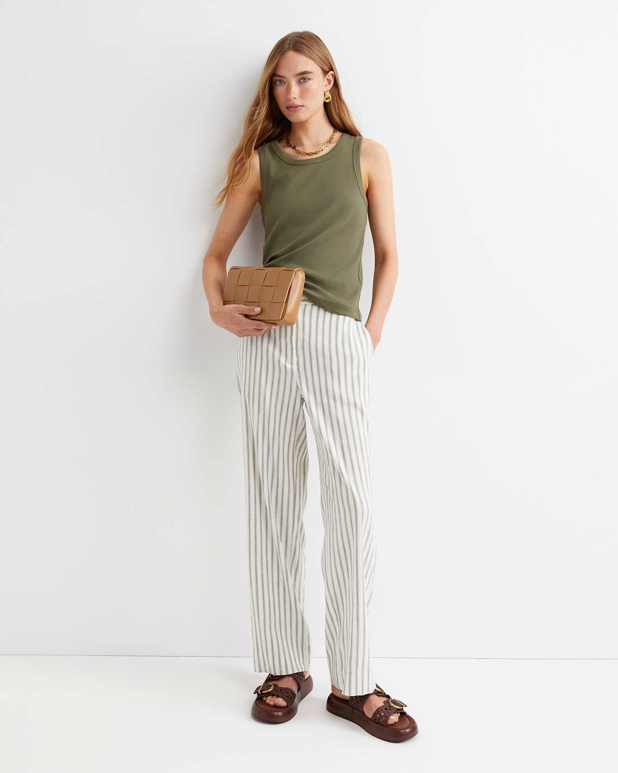 Rosa Wide Leg Linen Pant in WHITE/KHAKI