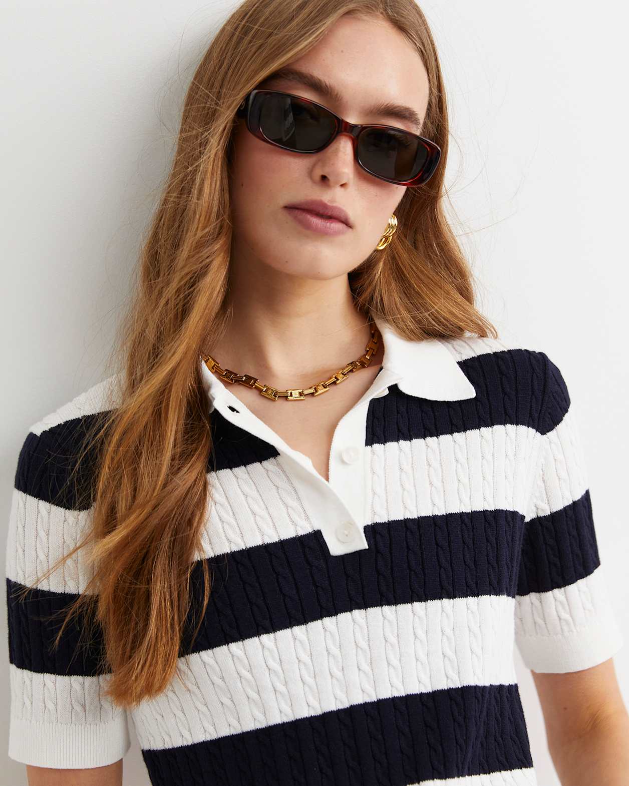 Elka Cable Polo in WHITE/NAVY