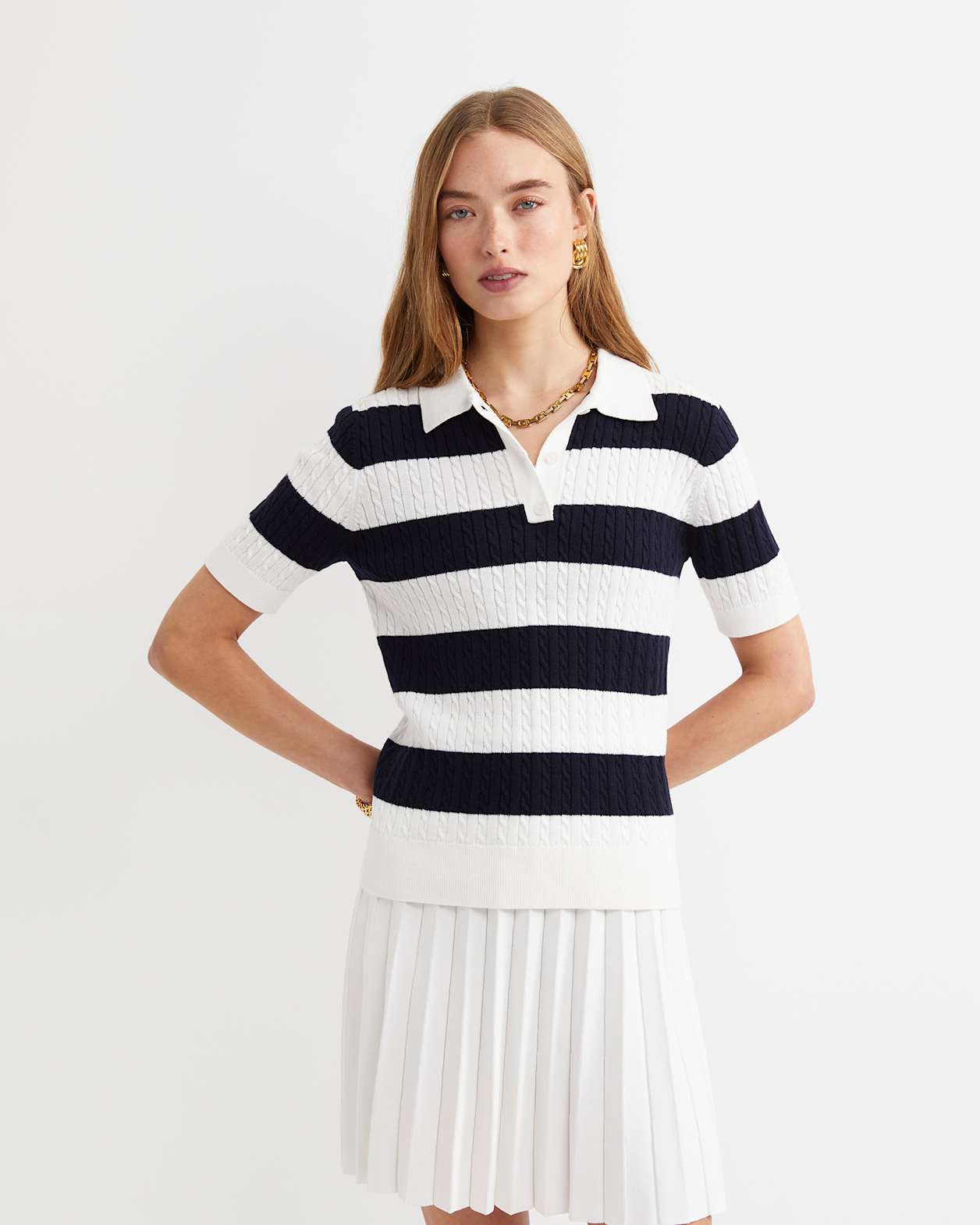 Elka Cable Polo in WHITE/NAVY
