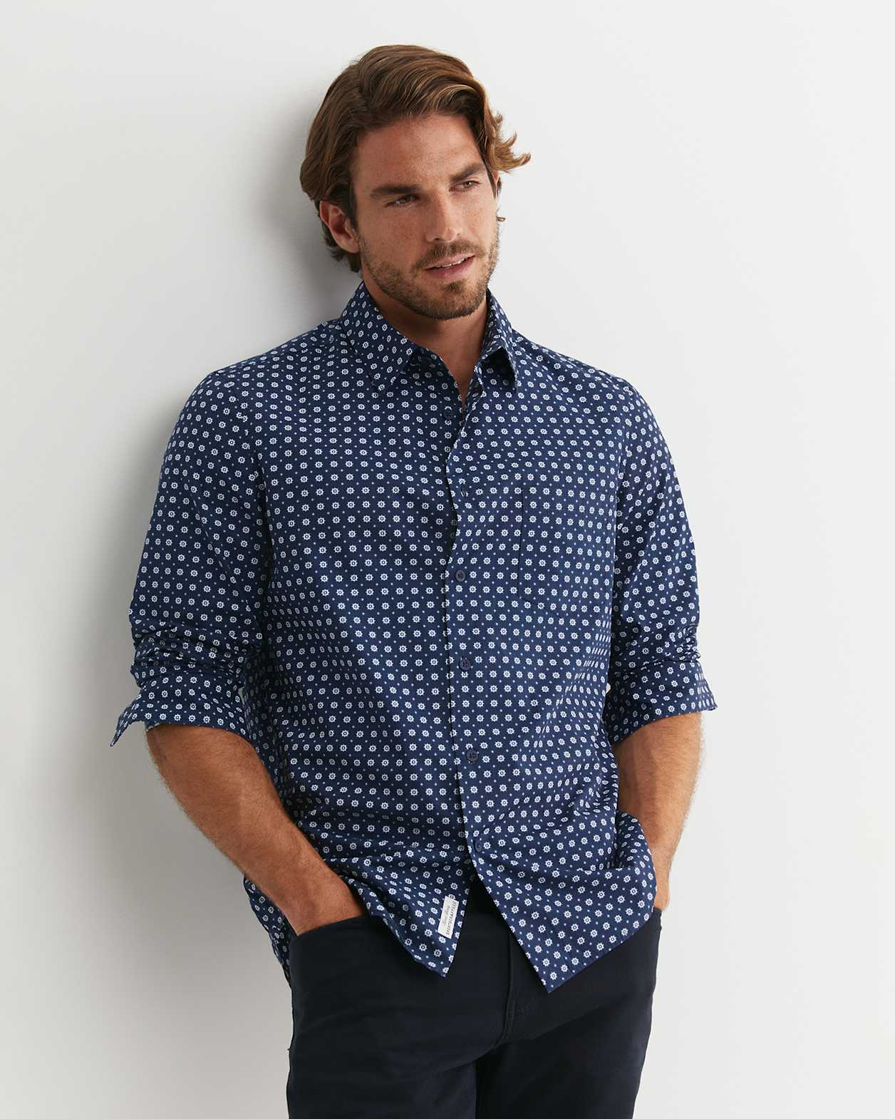 William Long Sleeve Print Shirt in NAVY