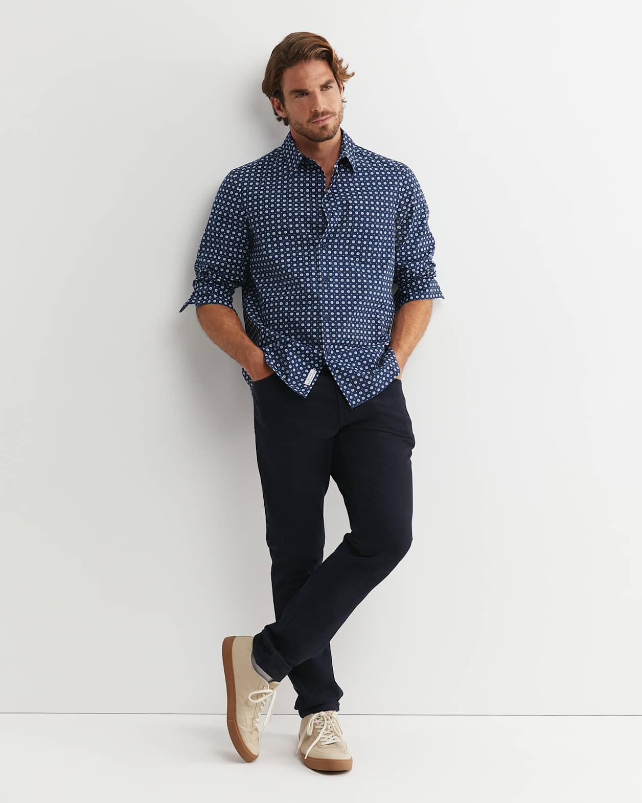 William Long Sleeve Print Shirt in NAVY