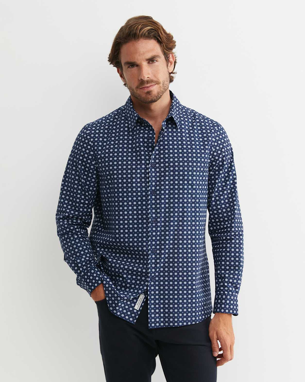William Long Sleeve Print Shirt in NAVY