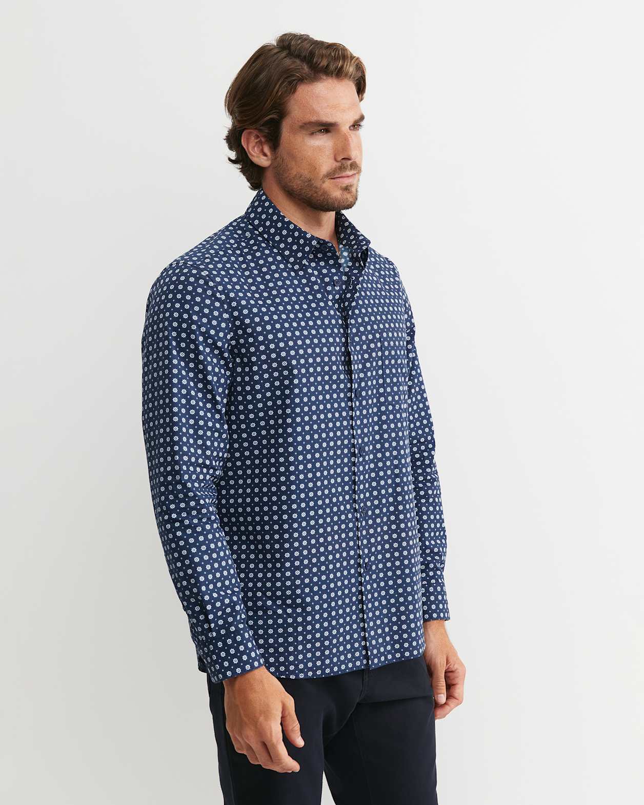 William Long Sleeve Print Shirt in NAVY
