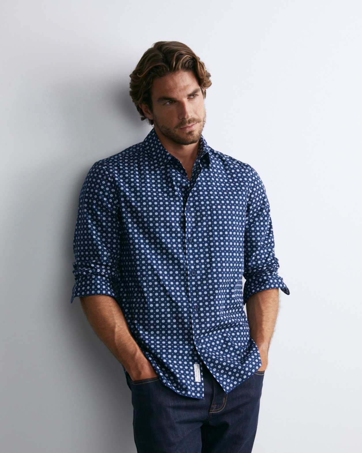 William Long Sleeve Print Shirt in NAVY