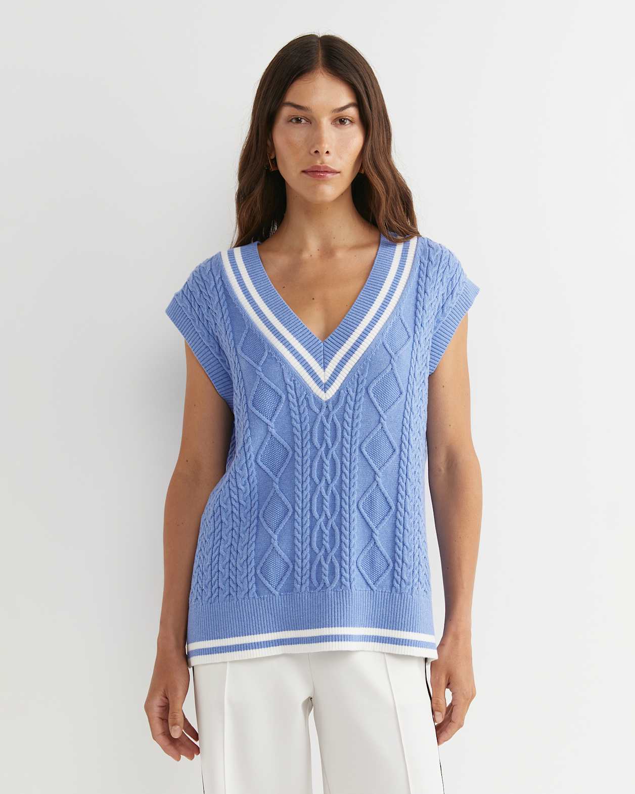 Elka Cable V-Neck Vest in BELLE BLUE