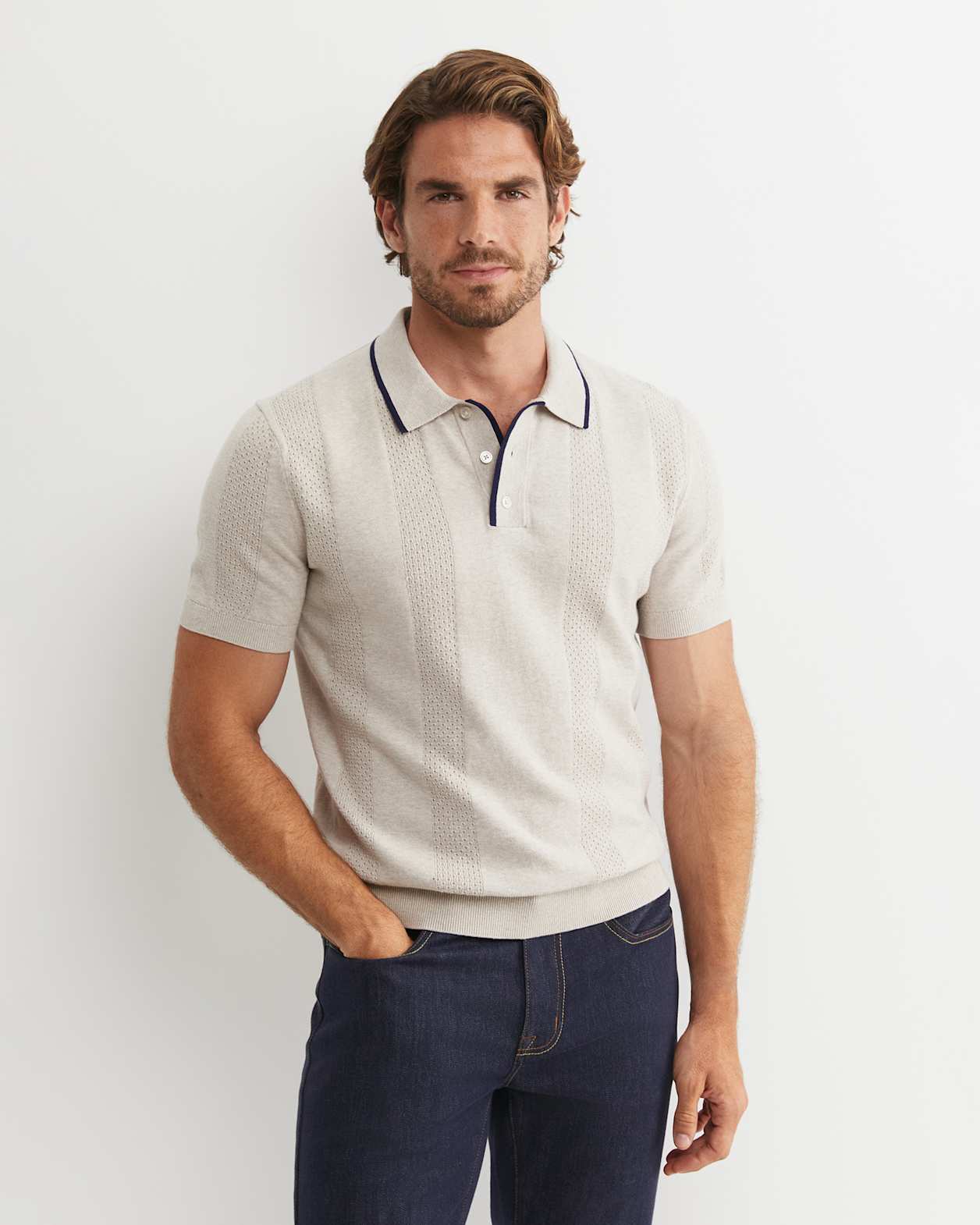Luka Short Sleeve Knit Polo in NATURAL