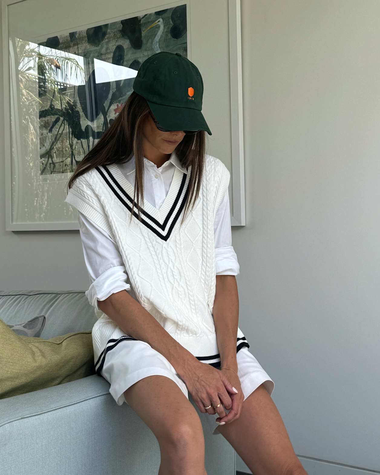 Elka Cable V-Neck Vest in WHITE/NAVY