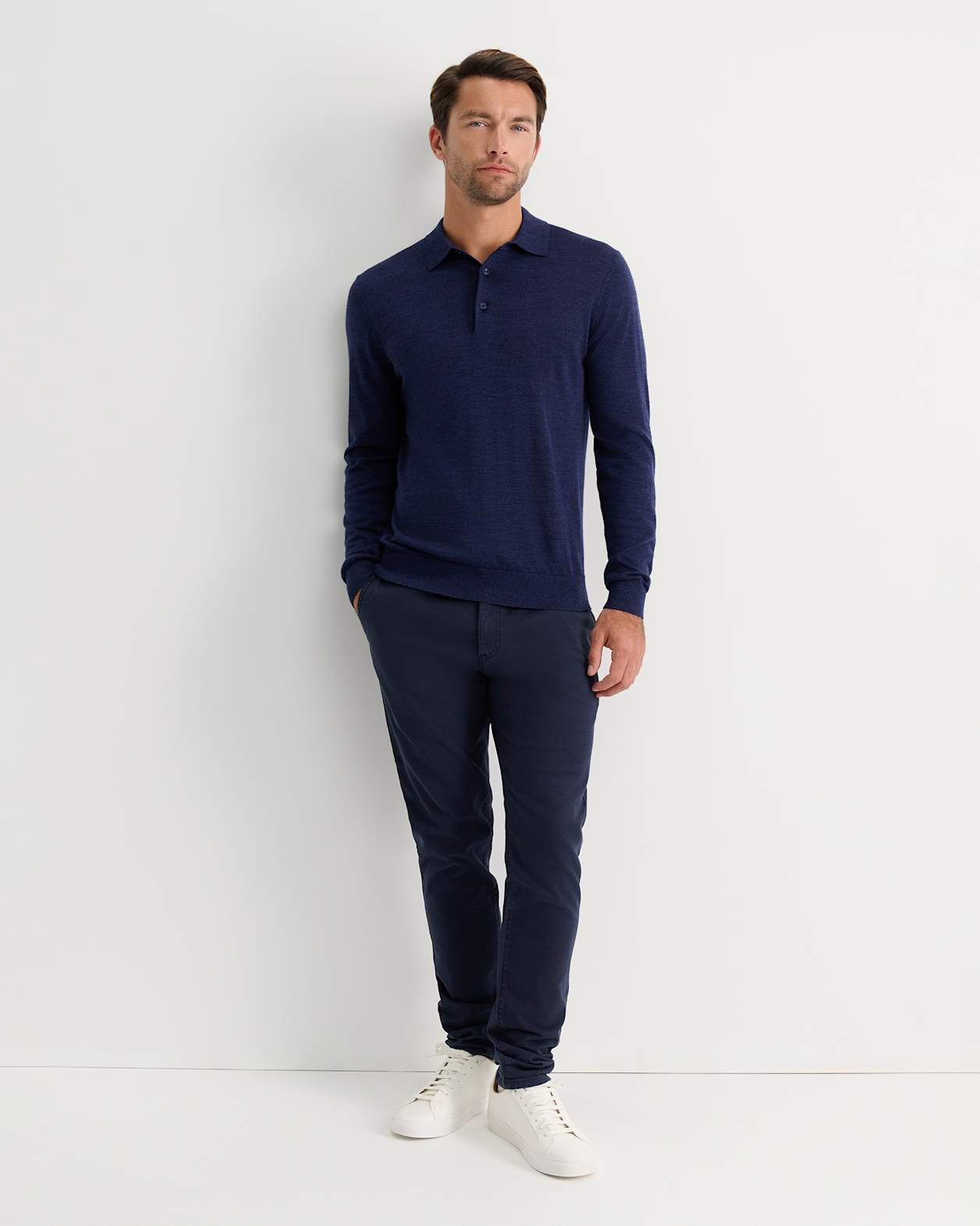 Long Sleeve Merino Knit Polo in NAVY