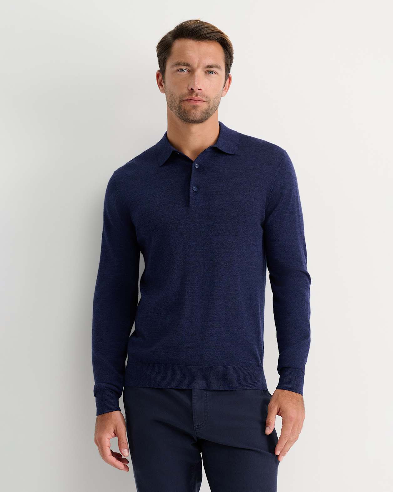Long Sleeve Merino Knit Polo in NAVY