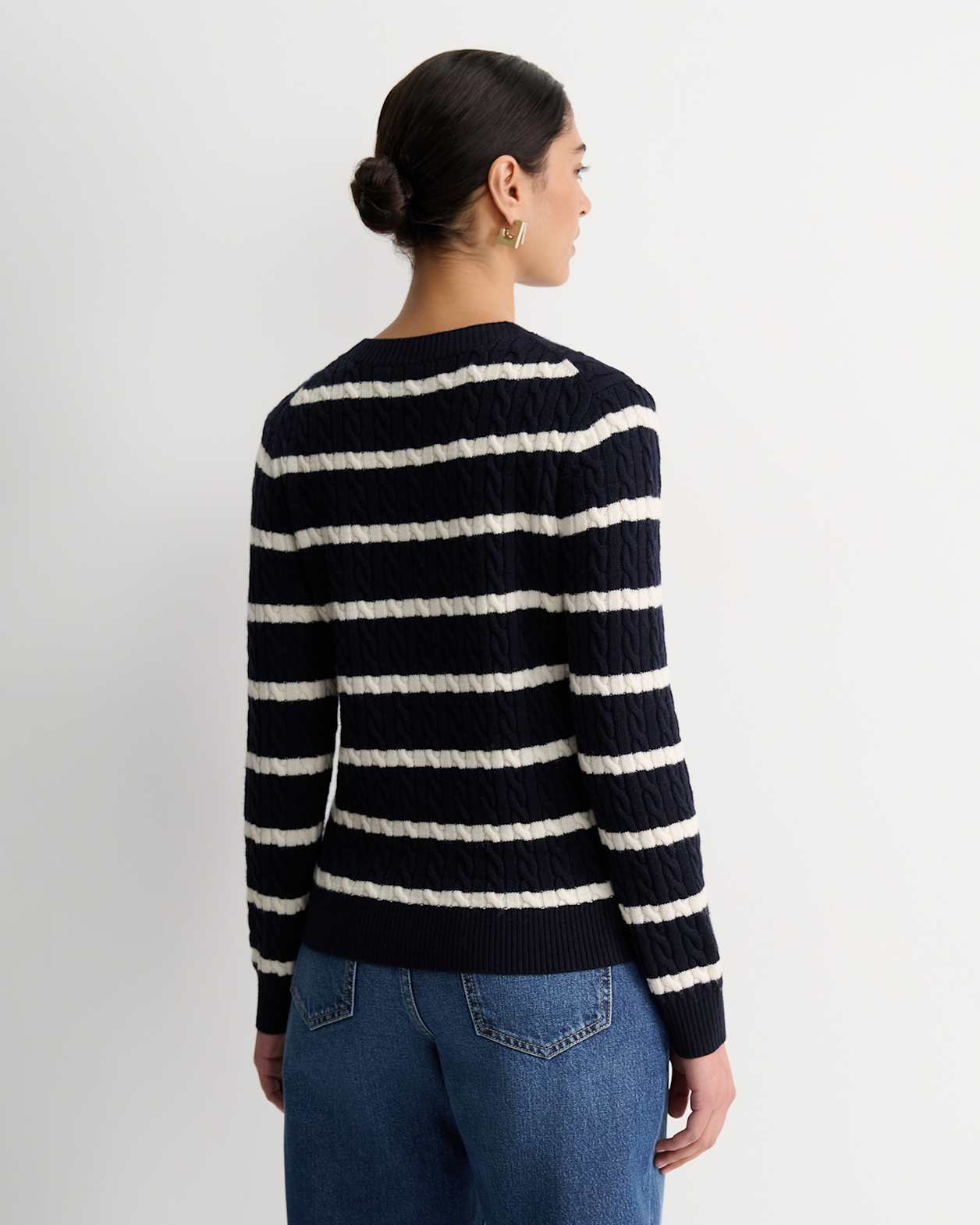 Merino Wool Baby Cable Sweater in NAVY/WHITE