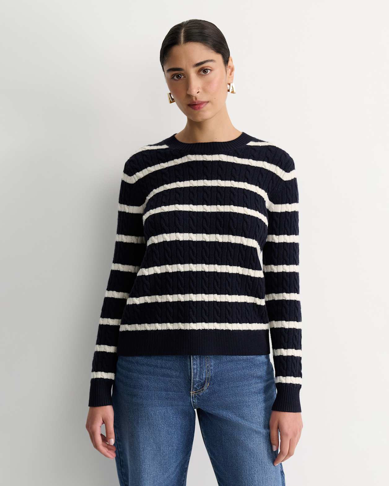 Merino Wool Baby Cable Sweater in NAVY/WHITE