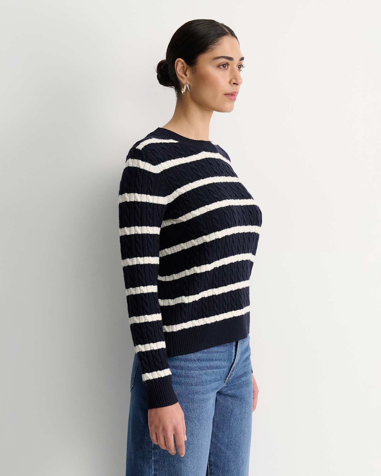 Merino Wool Baby Cable Sweater in NAVY/WHITE