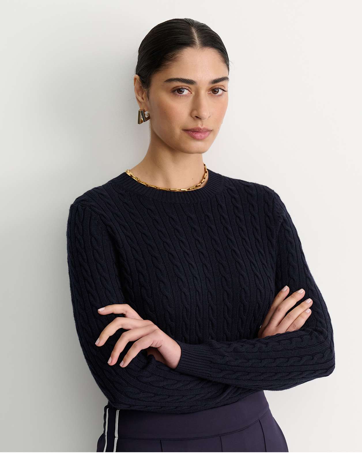 Merino Wool Baby Cable Sweater in NAVY