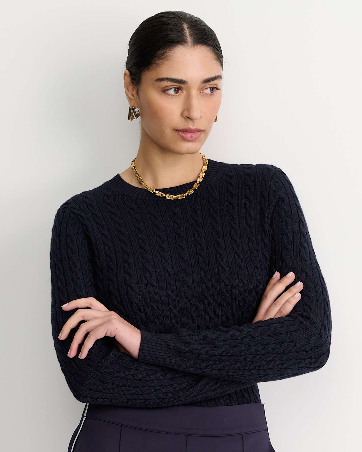 Merino Wool Baby Cable Sweater in NAVY