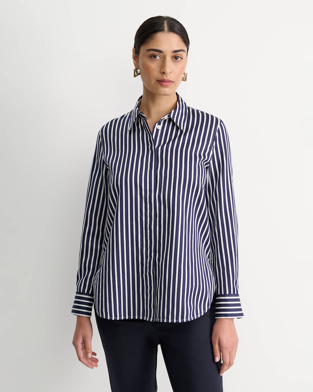 Hannah Stripe Cotton Silk Shirt in WHITE/NAVY